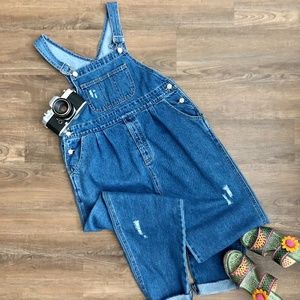 Distressed Denim Overalls | Size Medium